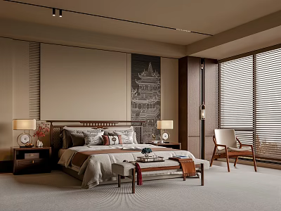 Elegant Modern Bedroom Interior With Bed Nightstands Table Lamps And Decorative Painting 3d model