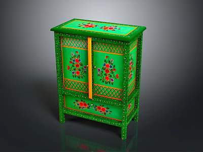 Green Cabinet With Colorful Floral Patterns And Decorative Exterior Design 3d model