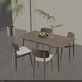Wooden Dining Table Set With Four Chairs Light Colored Seats Fruit Bowl Vase And Potted Plant