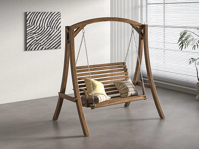 Wooden Swing Chair With Pillows In Indoor Space Near Window And Wall Art 3d model