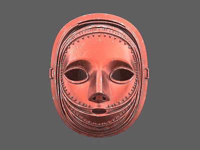 Red Metal Mask Sculpture with Intricate Riveted Details and Artistic Carving 3d model