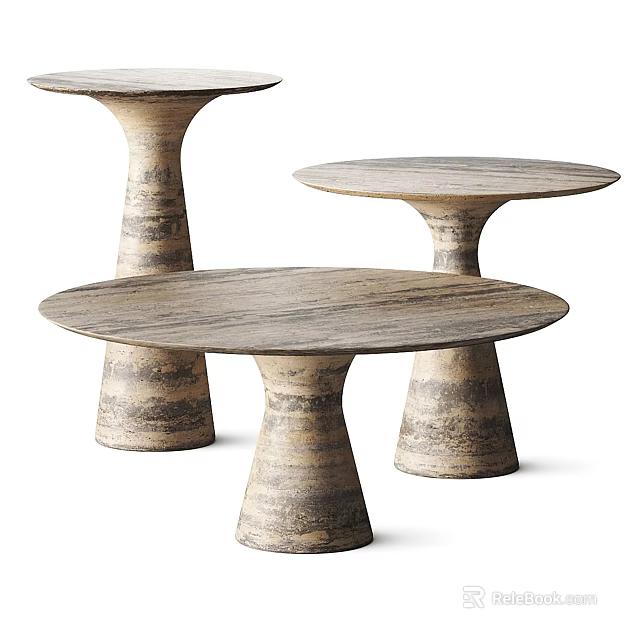 Three Round Wooden Tables Featuring Distinctive Conical Bases And Natural Grain 3d model 