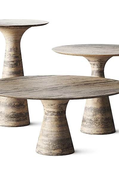 Three Round Wooden Tables Featuring Distinctive Conical Bases And Natural Grain 3d model