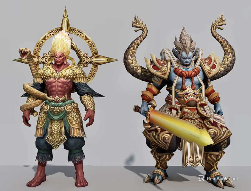 Two Mythical Warrior Characters With Flame Head Snake Arms And Glowing Sword In Ornate Armor 3d model 