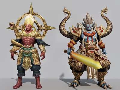 Two Mythical Warrior Characters With Flame Head Snake Arms And Glowing Sword In Ornate Armor 3d model