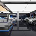 Modern Exhibition Hall Interior With Large Screens Display Counters And LOGO Sign
