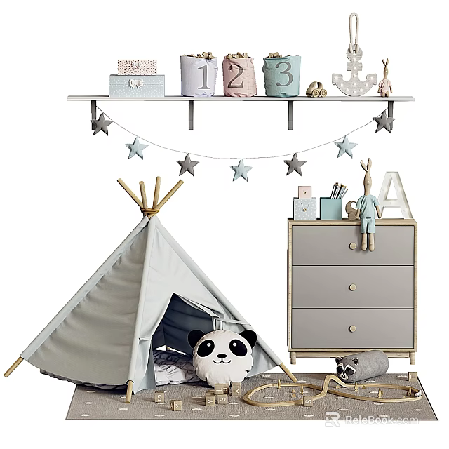 Kids Teepee Tent in Children's Playroom with Gray Drawer Cabinet Star Garland and Panda Toy 3d model 