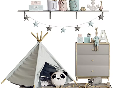 Kids Teepee Tent in Children's Playroom with Gray Drawer Cabinet Star Garland and Panda Toy 3d model