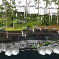 Scenic Park Landscape With Forest Trees Waterfall And Circular Seating Areas