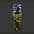 Yellow Industrial Mobile Equipment With Black Stripes Platform And Transparent Guardrails On Wheels