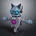 Robot Cat Character 3D Model With Mechanical Ears Blue Glowing Eyes And Pink Core