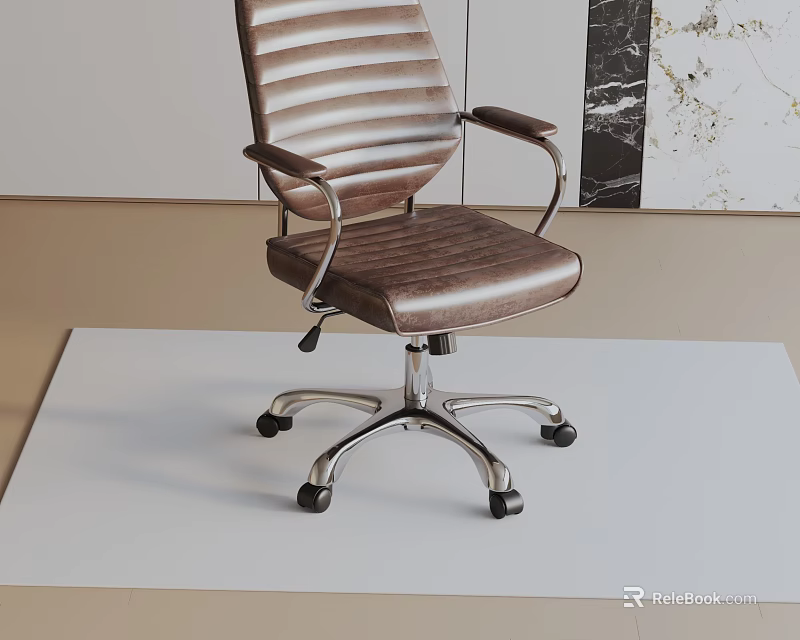 Brown Striped Office Chair With Metal Armrests Silver Five-Pointed Base And Wheels On White Mat 3d model 