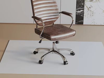 Brown Striped Office Chair With Metal Armrests Silver Five-Pointed Base And Wheels On White Mat 3d model