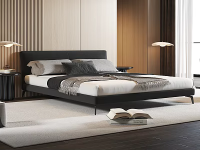 Modern Double Bed With Dark Headboard Pillows Blanket And Wooden Wall Decor 3d model