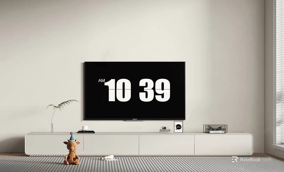 White Modern TV Stand in Living Room with TV Decorative Items and Plant 3d model 