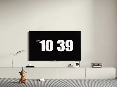 White Modern TV Stand in Living Room with TV Decorative Items and Plant 3d model