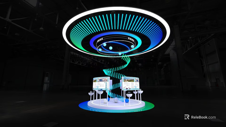 Modern Exhibition Island Featuring Circular Glowing Ring Blue Green Lighting And Display Screens 3d model 