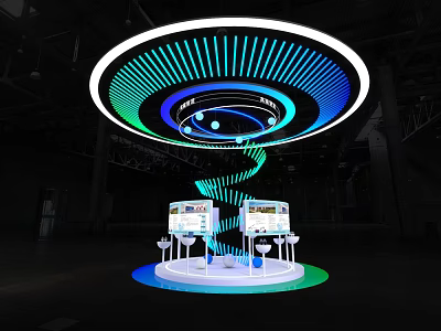 Modern Exhibition Island Featuring Circular Glowing Ring Blue Green Lighting And Display Screens 3d model