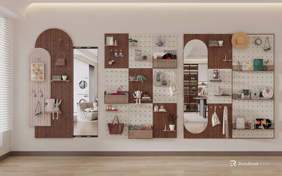 Wooden and White Wall Hanging Decor with Various Accessories Storage Baskets Mirror and Plants 3d model 