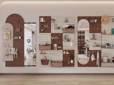 Wooden and White Wall Hanging Decor with Various Accessories Storage Baskets Mirror and Plants 3d model