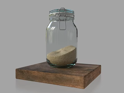 Elegant Decorative Ornament Set With Glass Jar Metal Clasp Lid Sand And Wooden Base 3d model