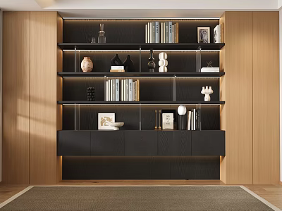 Modern Black Wooden Bookcase Interior With Layered Shelves Books And Decorative Ornaments 3d model
