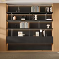 Modern Black Wooden Bookcase Interior With Layered Shelves Books And Decorative Ornaments