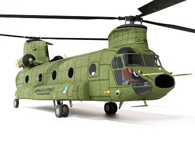 Green Military Helicopter With Twin Rotors Fuselage Windows And Landing Gear 3d model