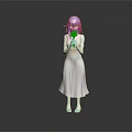 Purple Haired Girl In White Dress Holding Pink Flower Against Gray Background With Floor Reflection