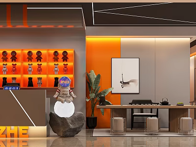 Modern Interior Space With Orange Gray Walls Display Shelves And Green Plant 3d model