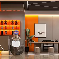 Modern Interior Space With Orange Gray Walls Display Shelves And Green Plant