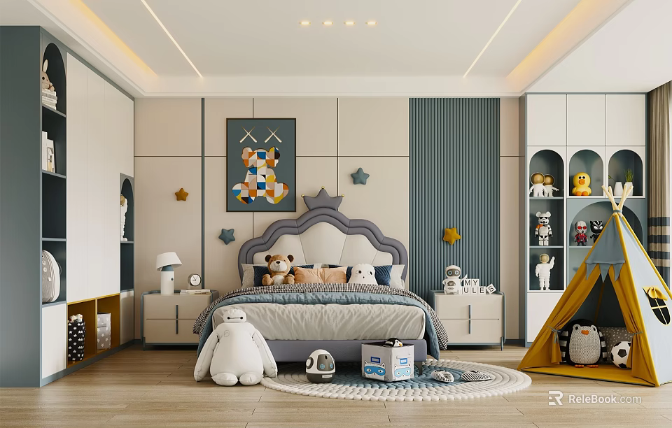 Cozy Kids Bed with Crown Headboard Colorful Wall Art Star Decorations and Stuffed Toys 3d model 