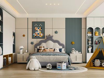 Cozy Kids Bed with Crown Headboard Colorful Wall Art Star Decorations and Stuffed Toys 3d model