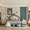 Cozy Kids Bed with Crown Headboard Colorful Wall Art Star Decorations and Stuffed Toys