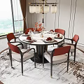 Round Dining Table Set with Six Red Beige Chairs Red Flower Bouquet Tableware Large Window 3d model