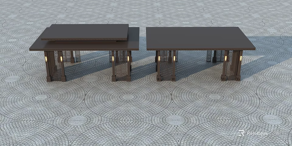 Double Outdoor Covered Pavilions With Brown Roofs Stone Columns Lantern Lights On Patterned Paved Ground 3d model 