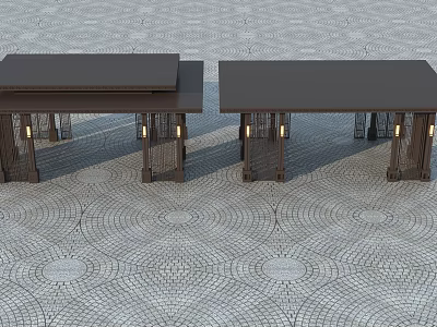 Double Outdoor Covered Pavilions With Brown Roofs Stone Columns Lantern Lights On Patterned Paved Ground 3d model