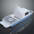 Small White And Blue Motorboat With Deck Railing Life Ring And Cabin Top Antenna