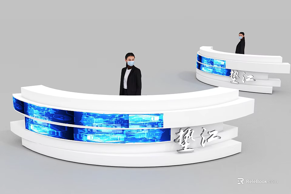 Modern White Reception Desk With Blue Illuminated Panels And Staff Member 3d model 