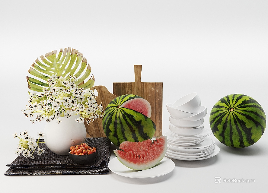Tableware Set Featuring White Bowls Plates Wooden Cutting Board Green Leaf and Fresh Watermelon 3d model 