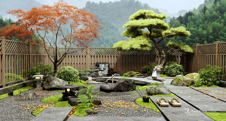 Japanese Courtyard Garden With Red Maple Pine Trees Wooden Fence Stones Lanterns Moss And Pebbles 3d model 