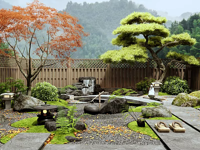 Japanese Courtyard Garden With Red Maple Pine Trees Wooden Fence Stones Lanterns Moss And Pebbles 3d model