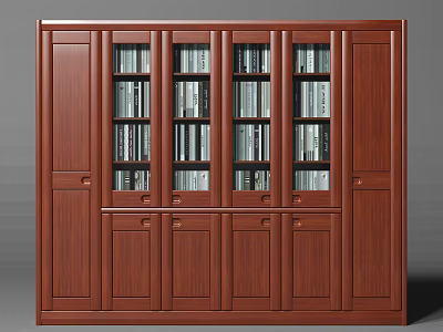 Wooden Mahogany Bookcase With Glass Door Compartments And Bottom Cabinets Filled With Books 3d model