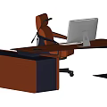Modern Brown Office Desk With Computer Monitor Keyboard Mouse Desk Lamp And Ergonomic Chair