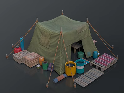 Camping Tent Setup With Green Canopy Buckets Crates Planks And Bottles 3d model