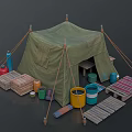 Camping Tent Setup With Green Canopy Buckets Crates Planks And Bottles
