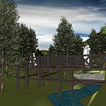 Park Landscape with Wooden Bridge Person Sitting on Bench Green Trees and Purple Flowers