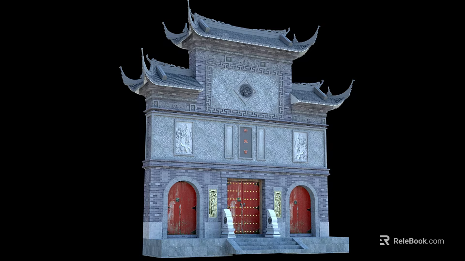 Traditional Chinese Entrance Gate With Grey Stone Red Doors Golden Ornaments And Curved Eaves 3d model 