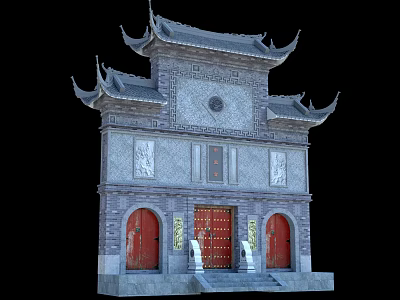 Traditional Chinese Entrance Gate With Grey Stone Red Doors Golden Ornaments And Curved Eaves 3d model