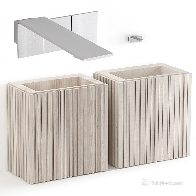 Two Square Vertical Striped Texture Washbasins With Silver Faucet And Minimalist Background 3d model 